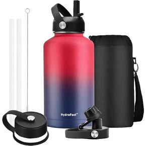 64 oz Water Bottle, Metal Water Bottle with Straw Lid, Half Gallon Water Bottle Insulated with Bottle Holder, Cold for 48 Hrs Hot for 24 Hrs, BPA Free & Leak-proof Water Flask (Red &Blue)
