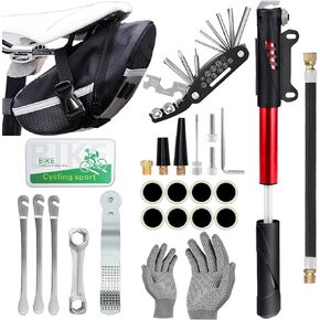 Bicycle Tire Repair Tool Kit & Bicycle Tire Pump, Home Bike Tool Portable Patches Fixes, Inflator, Maintenance for Camping Travel Essentials Tool Bag