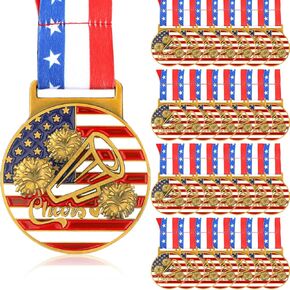 30 Pieces Patriotic Medals Gold Medals Bulk Trophy with Neck Ribbons Spirit Medallion with Stars Stripes American Flag for Sports Trophy Participation Winner Gift