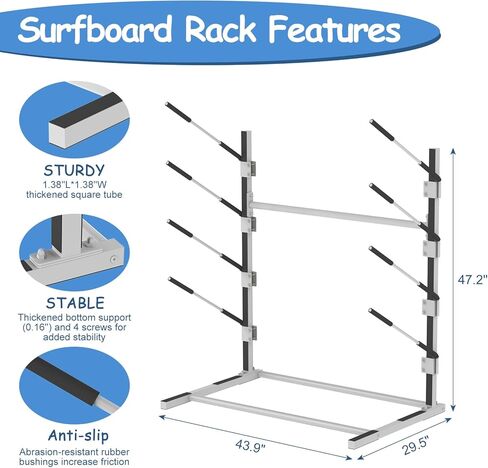 رف لوح ركوب الأمواج قائم بذاته مكون من 4 طبقات، وقوارب الكاياك للرياضات المائية ورف SUP مع بساطين من السيليكون، ورف تخزين الكاياك لـ SUP، ولوح ركوب الأمواج، والمجداف، والتزلج، وألواح التزلج in Kuwait