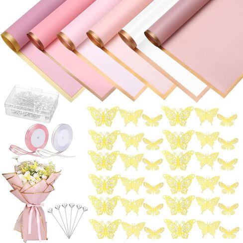 30 Sheets Flower Bouquet Wrapping Paper Waterproof Floral Packaging Paper with 36 Gold Butterfly 50 Flower Pins 2 Rolls Ribbon for Wedding Mother's Day Graduation Birthday Gift DIY Crafts in Saudi Arabia