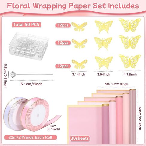 30 Sheets Flower Bouquet Wrapping Paper Waterproof Floral Packaging Paper with 36 Gold Butterfly 50 Flower Pins 2 Rolls Ribbon for Wedding Mother's Day Graduation Birthday Gift DIY Crafts in Saudi Arabia