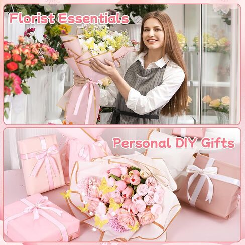30 Sheets Flower Bouquet Wrapping Paper Waterproof Floral Packaging Paper with 36 Gold Butterfly 50 Flower Pins 2 Rolls Ribbon for Wedding Mother's Day Graduation Birthday Gift DIY Crafts in Saudi Arabia