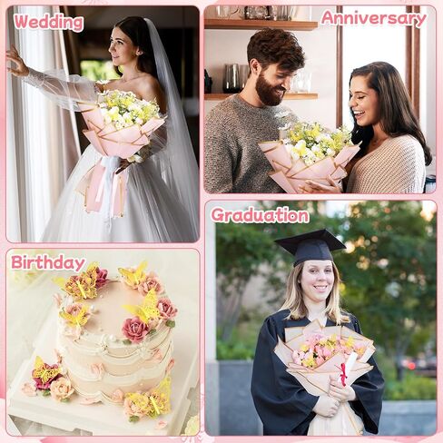 30 Sheets Flower Bouquet Wrapping Paper Waterproof Floral Packaging Paper with 36 Gold Butterfly 50 Flower Pins 2 Rolls Ribbon for Wedding Mother's Day Graduation Birthday Gift DIY Crafts in Saudi Arabia