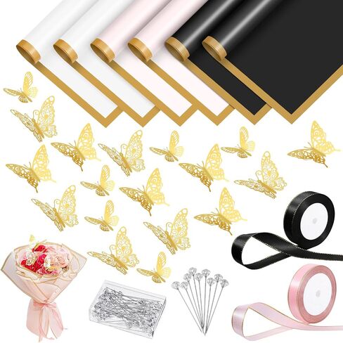 30 Sheets Flower Bouquet Wrapping Paper Waterproof Floral Packaging Paper with 36 Gold Butterfly 50 Flower Pins 2 Rolls Ribbon for Wedding Mother's Day Graduation Birthday Gift DIY Crafts in Saudi Arabia