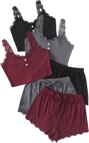 SOLY HUX Women's Lace Trim Pajama Set 6 Piece Button Camisole and Shorts Lounge Set Sleepwear in Saudi Arabia