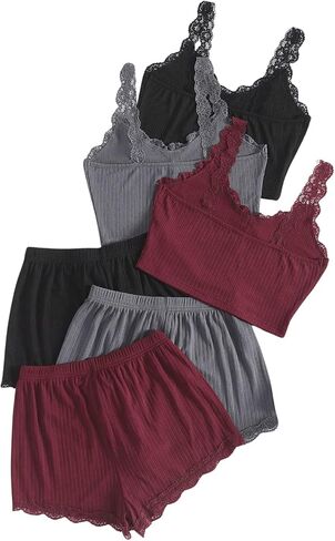 SOLY HUX Women's Lace Trim Pajama Set 6 Piece Button Camisole and Shorts Lounge Set Sleepwear in Saudi Arabia