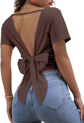 LilyCoco Backless Tops for Women Short Sleeve Sexy Crew Neck Tie Back Plain Shirt in Kuwait