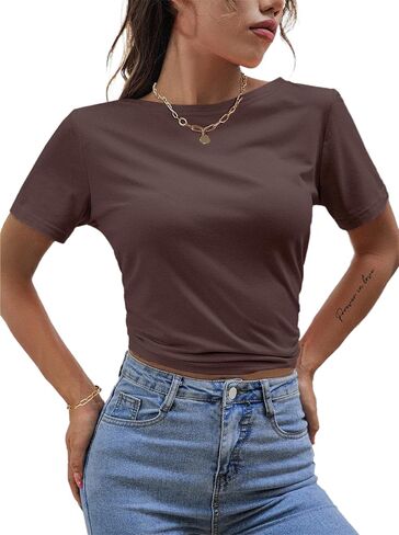 LilyCoco Backless Tops for Women Short Sleeve Sexy Crew Neck Tie Back Plain Shirt in Kuwait