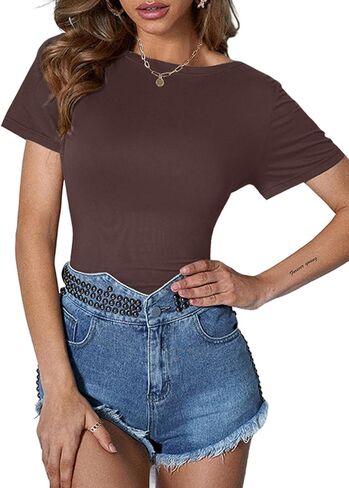 LilyCoco Backless Tops for Women Short Sleeve Sexy Crew Neck Tie Back Plain Shirt in Kuwait