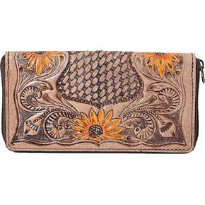 Hantooled Leather Wallet RFID Blocking, Trifold Ladies Purse, Flower Handtooled and Carved long Clutch, 1 Back Zip pocket, Wallet For Women(Brown)