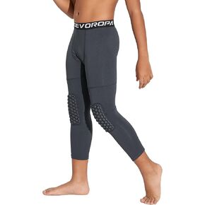 DEVOROPA Youth Boys' Compression Pants with Knee Pads 3/4 Basketball Athletic Tights Quick Dry Sports Workout Leggings