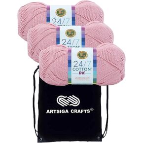 Lion Brand 24/7 Cotton DK Silver Lining 769-149 (3-Skeins - Same Dye Lot) DK Light Worsted #3 Cotton Yarn for Crocheting and Knitting - Bundle with 1 Artsiga Crafts Project Bag