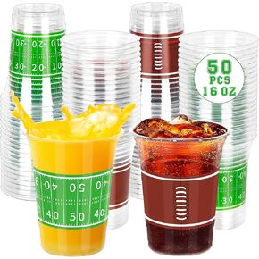 50 PCS Football Cups, 16 OZ Football Party Cups, Thickened Football Plastic Cups, Disposable Clear Drinking Cups in 2 Designs for Super Bowl Party Supplies Football Party Decorations Super Bowl Favors