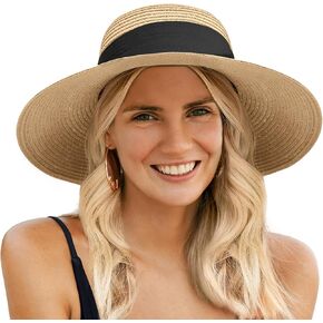 Beach Hats for Women -Wide Brim Straw Womens Sun Hat with Wind Lanyard Roll Up, Foldable Beach Hat UV Protection