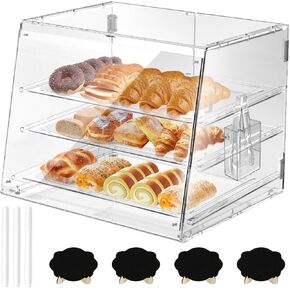 3-Tier Pastry Display Case, Removable Bakery Display Case with Bread Tong, Commercial Countertop Cookie Display Case, Rear Door Access