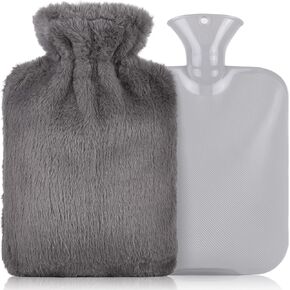 Hot Water Bottle with Plush Cover, 2L Hot Water Bag for Menstrual Cramps, Neck and Shoulder Pain Relief, Hot and Cold Compress, Hand Feet Warmer（Gray）