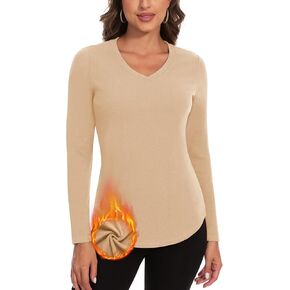 WOWENY Thermal Shirts for Women V Neck Fleece Lined Long Sleeve Base Layer Soft Warm Underwear Tops Cold Weather