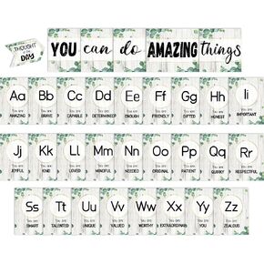 Bulletin Board Letters - ABC Alphabet with Growth Mindset Posters, Eucalyptus Dual-Purpose Resource Motivational Banner English Learning Poster School Classroom Wall Decor Set for Preschool Supplies