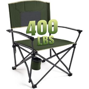Oversized Folding Camping Chairs, Heavy Duty Camping Chair for Adults Steel Frame Support 400 LBS, Metal Arm Lawn Chairs with Rotatable Cup Holder, Hollow Back, Portable Outdoor Chairs, Green