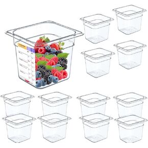 12 Pack Plastic Food Pan with Capacity Marking 6 Inch Deep Clear Commercial Food Pans 1/6 Pan Food Storage Containers Hotel Pan for Restaurant Kitchen Fruits Vegetables Sauces Beans(2.35 QT)