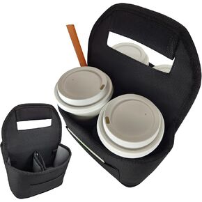 Insulated Reusable 4-Cup Drink Carrier with Adjustable dividers, Money Pocket, Straw Slot and Handle. Ideal for delivery, Takeout, Travel, and Outdoor use