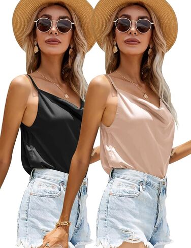 Ekouaer 2 Packs Cowl Neck Satin Silk Tank Top for Women Sleeveless Tank Cami Shirt in Saudi Arabia