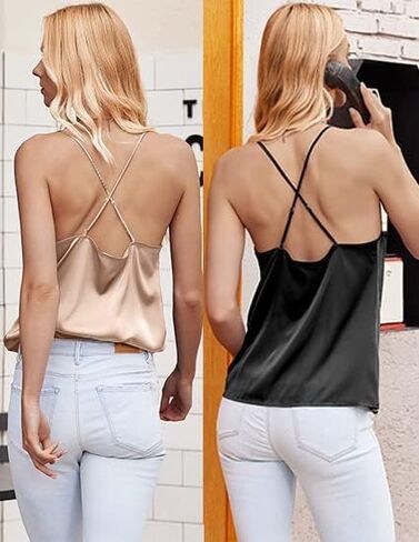 Ekouaer 2 Packs Cowl Neck Satin Silk Tank Top for Women Sleeveless Tank Cami Shirt in Saudi Arabia