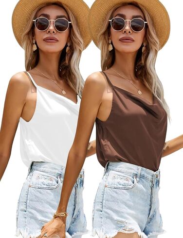 Ekouaer 2 Packs Cowl Neck Satin Silk Tank Top for Women Sleeveless Tank Cami Shirt in Saudi Arabia