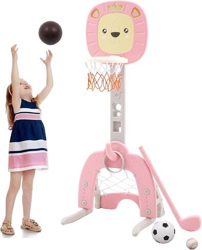 4-in-1 Basketball Hoop for Kids Toddler Sports Activity Center Height Adjustment with Football/Soccer Goal, Golf Game, and Ring Toss Indoor and Outdoor Play Set for Boys and Girls (Pink) in Saudi Arabia