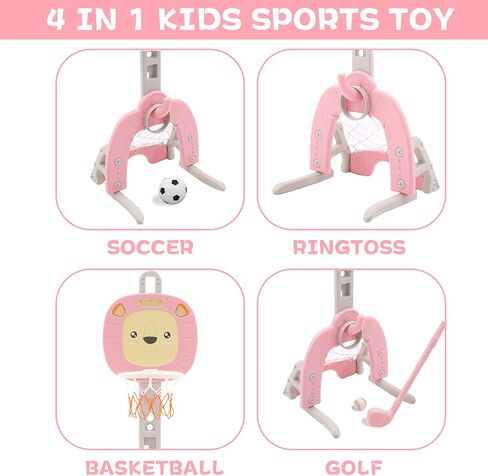 4-in-1 Basketball Hoop for Kids Toddler Sports Activity Center Height Adjustment with Football/Soccer Goal, Golf Game, and Ring Toss Indoor and Outdoor Play Set for Boys and Girls (Pink) in Saudi Arabia