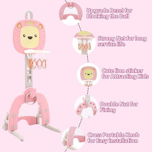 4-in-1 Basketball Hoop for Kids Toddler Sports Activity Center Height Adjustment with Football/Soccer Goal, Golf Game, and Ring Toss Indoor and Outdoor Play Set for Boys and Girls (Pink) in Saudi Arabia