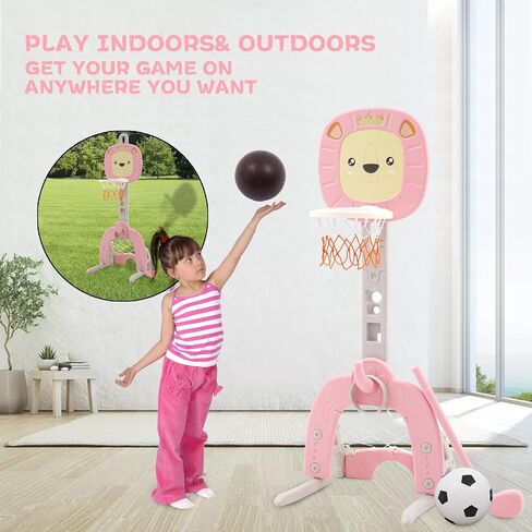 4-in-1 Basketball Hoop for Kids Toddler Sports Activity Center Height Adjustment with Football/Soccer Goal, Golf Game, and Ring Toss Indoor and Outdoor Play Set for Boys and Girls (Pink) in Saudi Arabia