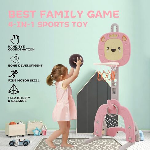 4-in-1 Basketball Hoop for Kids Toddler Sports Activity Center Height Adjustment with Football/Soccer Goal, Golf Game, and Ring Toss Indoor and Outdoor Play Set for Boys and Girls (Pink) in Saudi Arabia