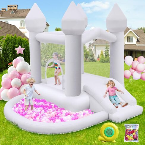 FBSPORT White Bounce House, Inflatable Bouncer with Air Blower,Indoor & Outdoor Bouncy Castle with Big Ball Pit for Wedding Party Kids Birthday Party, Easy to Install in Saudi Arabia