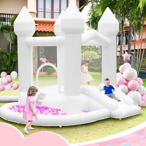 FBSPORT White Bounce House, Inflatable Bouncer with Air Blower,Indoor & Outdoor Bouncy Castle with Big Ball Pit for Wedding Party Kids Birthday Party, Easy to Install in Saudi Arabia