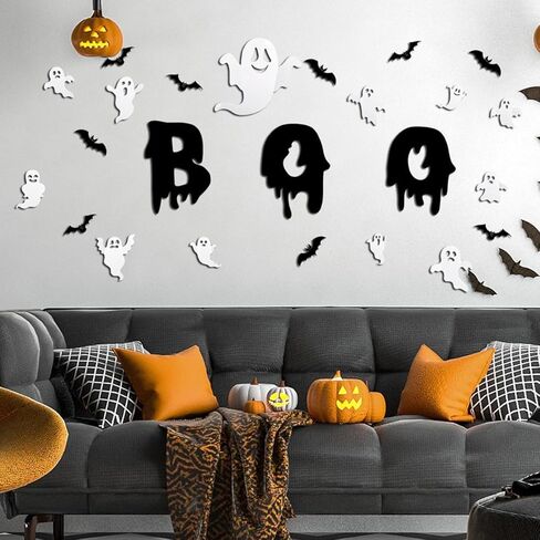 Halloween Ghost Wall Decor -12Pcs 3D Cute Ghost Stickers Window for Halloween Home Decorations Self-Adhesive White Ghost Decals for Halloween Eve Party Decor Indoor Room Decor in Kuwait