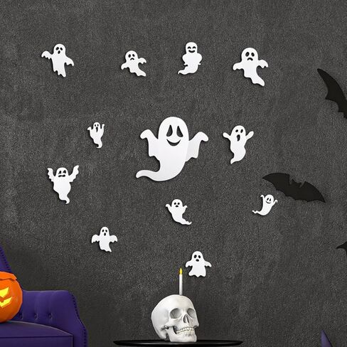 Halloween Ghost Wall Decor -12Pcs 3D Cute Ghost Stickers Window for Halloween Home Decorations Self-Adhesive White Ghost Decals for Halloween Eve Party Decor Indoor Room Decor in Kuwait