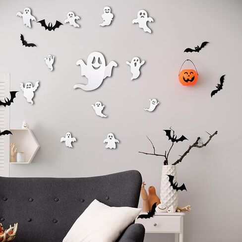Halloween Ghost Wall Decor -12Pcs 3D Cute Ghost Stickers Window for Halloween Home Decorations Self-Adhesive White Ghost Decals for Halloween Eve Party Decor Indoor Room Decor in Kuwait