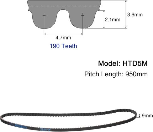 uxcell HTD-5M Rubber Timing Belt 190 Teeth, 950mm Pitch Length x 9mm Width x 3.6mm Height, Closed Loop Pulley Timing Belt in Saudi Arabia