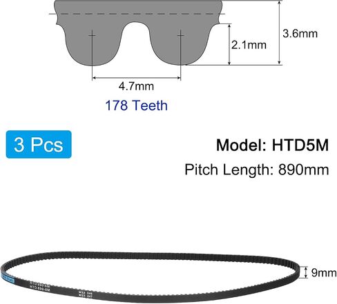 uxcell 3pcs HTD-5M Rubber Timing Belt 178 Teeth, 890mm Pitch Length x 9mm Width x 3.6mm Height, Closed Loop Pulley Timing Belt in Saudi Arabia