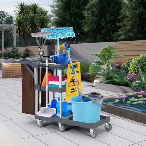 Garvee Commercial Janitorial Cleaning Cart on Wheels, Traditional Janitorial Cart with Cover and Vinyl Bag, Custodial Cart, 3-Shelf Housekeeping Carts for Hotels, Stores, Schools, and Business in Saudi Arabia