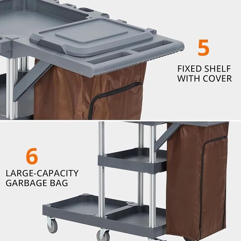 Commercial Housekeeping Cart Janitorial Cart with Cover and Vinyl Bag, Commercial Traditional Janitorial 3-Shelf Cleaning Cart on Wheels for Home Hotels, Stores, Schools, and Business, Custodial Cart in Kuwait