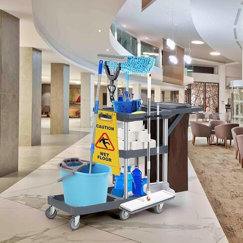Commercial Housekeeping Cart Janitorial Cart with Cover and Vinyl Bag, Commercial Traditional Janitorial 3-Shelf Cleaning Cart on Wheels for Home Hotels, Stores, Schools, and Business, Custodial Cart in Kuwait