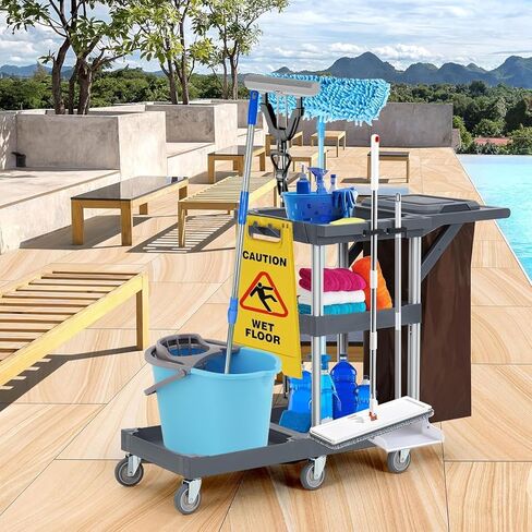 Commercial Housekeeping Cart Janitorial Cart with Cover and Vinyl Bag, Commercial Traditional Janitorial 3-Shelf Cleaning Cart on Wheels for Home Hotels, Stores, Schools, and Business, Custodial Cart in Kuwait