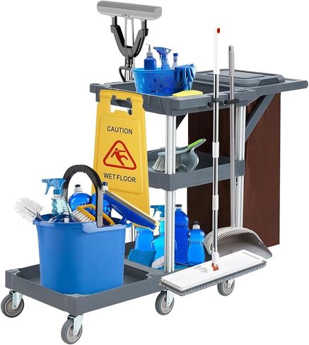 Commercial Housekeeping Cart Janitorial Cart with Cover and Vinyl Bag, Commercial Traditional Janitorial 3-Shelf Cleaning Cart on Wheels for Home Hotels, Stores, Schools, and Business, Custodial Cart in Kuwait