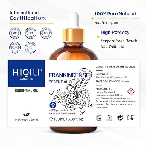 HIQILI 100ML Frankincense Essential Oil, Relaxing, Skin Care, Camp Atmosphere Creation, Can be Added to Body Lotions, Creams, Aromatherapy Use - 3.38 fl. oz in Kuwait