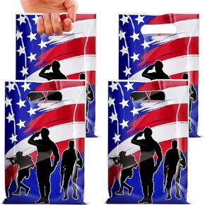 MASHAN 50 Pieces 4th of July Goodie Bags Bulk, Patriotic Gift Bags,Plastic Treat Gift Handles Bags with Red White Blue Star for Independence Day Memorial Day Veterans Day Decorations Party Supplies