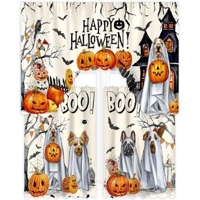 Frienda Halloween Spooky Dogs Kitchen Curtains Halloween Window Curtains and Valances Set Dogs Thanksgiving Kitchen Curtains 3 Piece Set for Bedroom Living Room, 60" x 36" Valance, 36" x 30" Tier