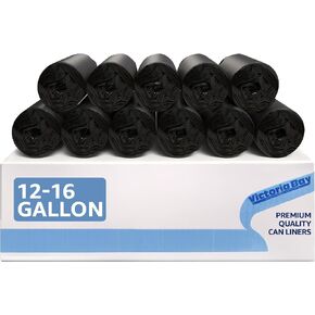 Victoria Bay Black 12-16 Gallon Garbage Trash Bags 24" x 33" 6MIC - 20 Rolls of 50 bags Each - 1000 Count/Case for Commercial Restrooms, Offices, Industrial, Janitorial, Schools, Catering Services.